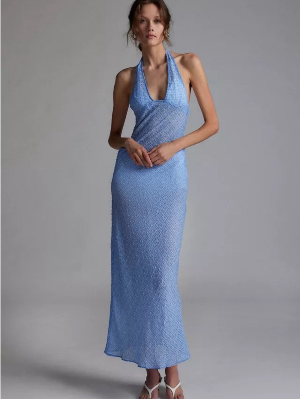 Lioness Carrie Halter Maxi Dress Blue Check Sheer XS - Picture 7 of 14